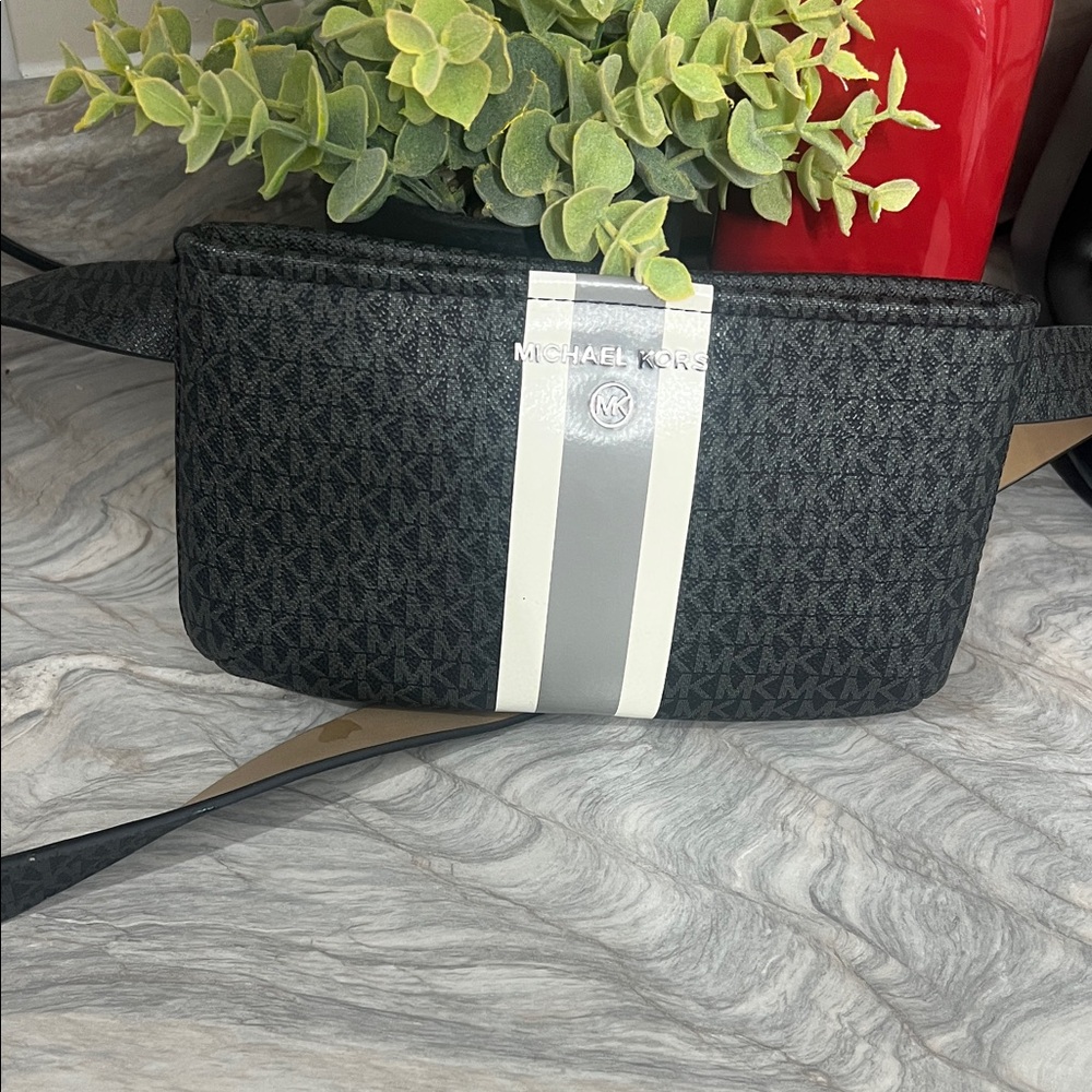 Michael Kors Black Logo Stripe Belt Bag with Gray and White Center Stripe NWOT
